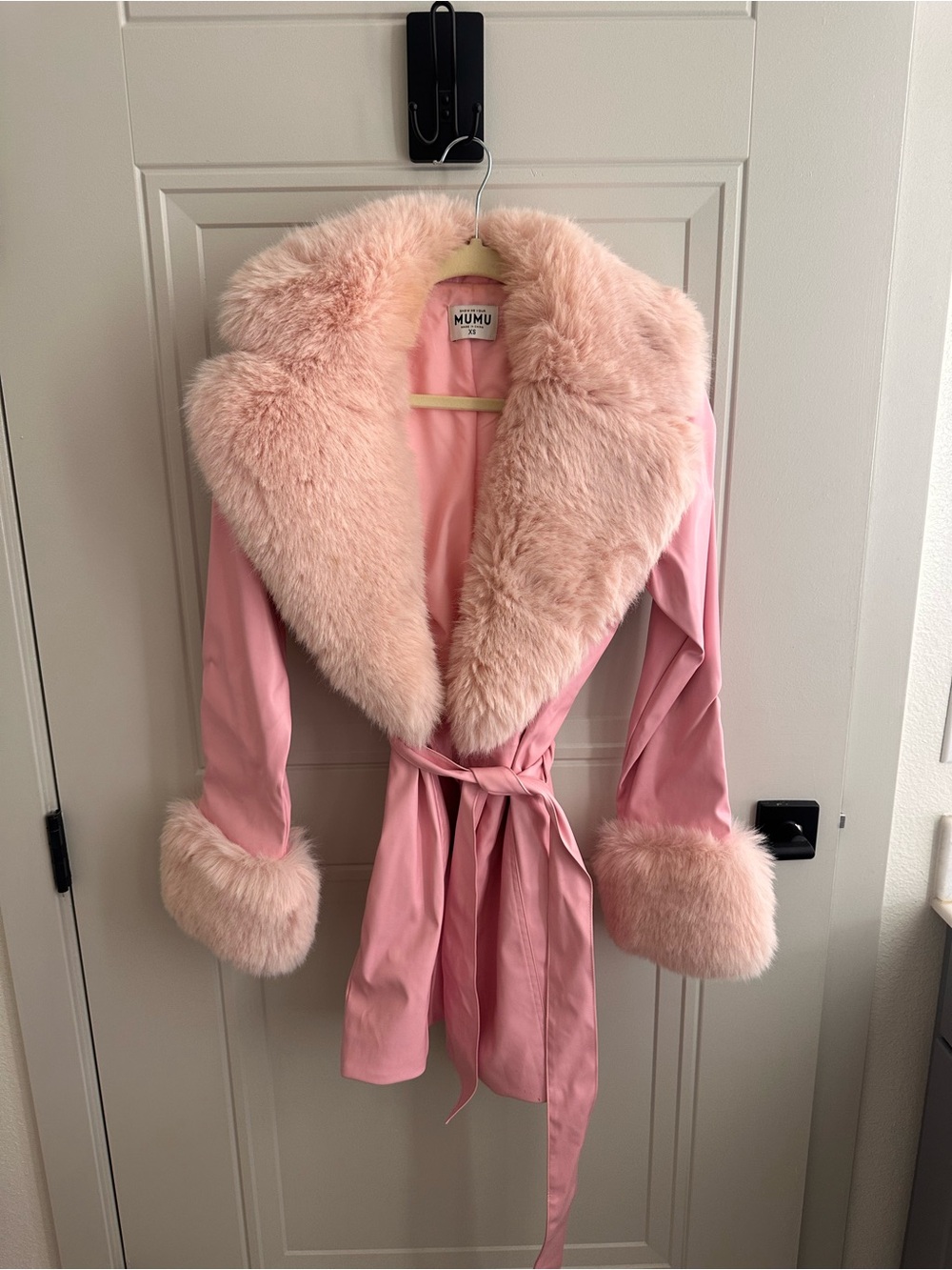Show Me Your Mumu Blush Pink Faux Fur-Trim Belted Trench